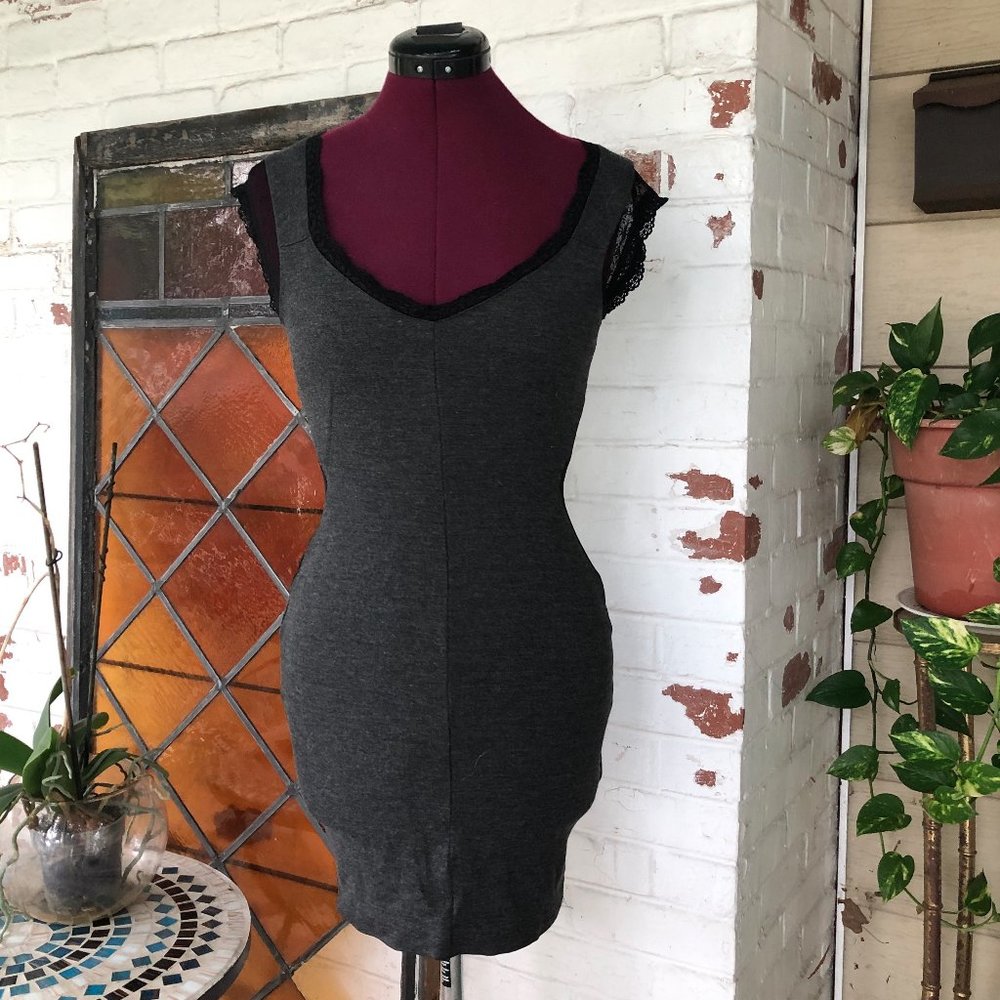 Gray & Black Bodycon Mini Dress Lace Cap Sleeves